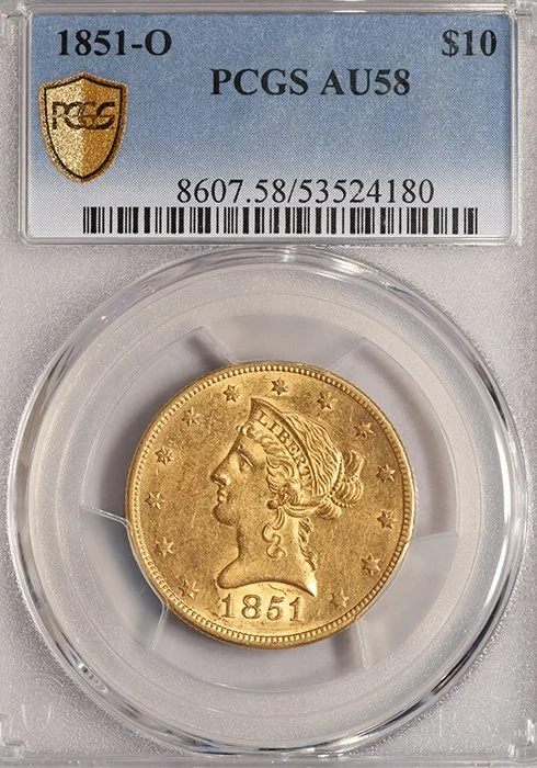 Eagle. 1851-O New Orleans $10.00 gold coin. PCGS AU58.