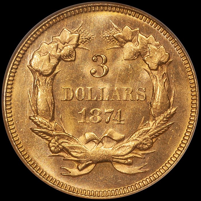 Three Dollars. 1874 $3.00 gold coin. NGC MS61, CAC Gold Sticker.