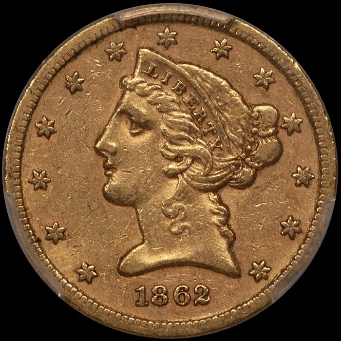 Half Eagle. 1862-S San Francisco $5 gold coin. PCGS AU53.