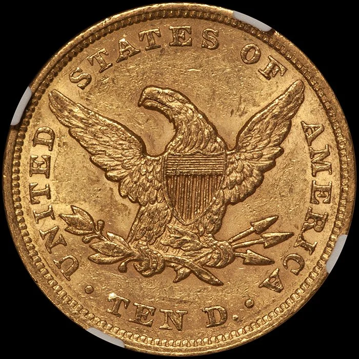 Eagle. 1852 $10 gold coin. NGC AU58 CAC.