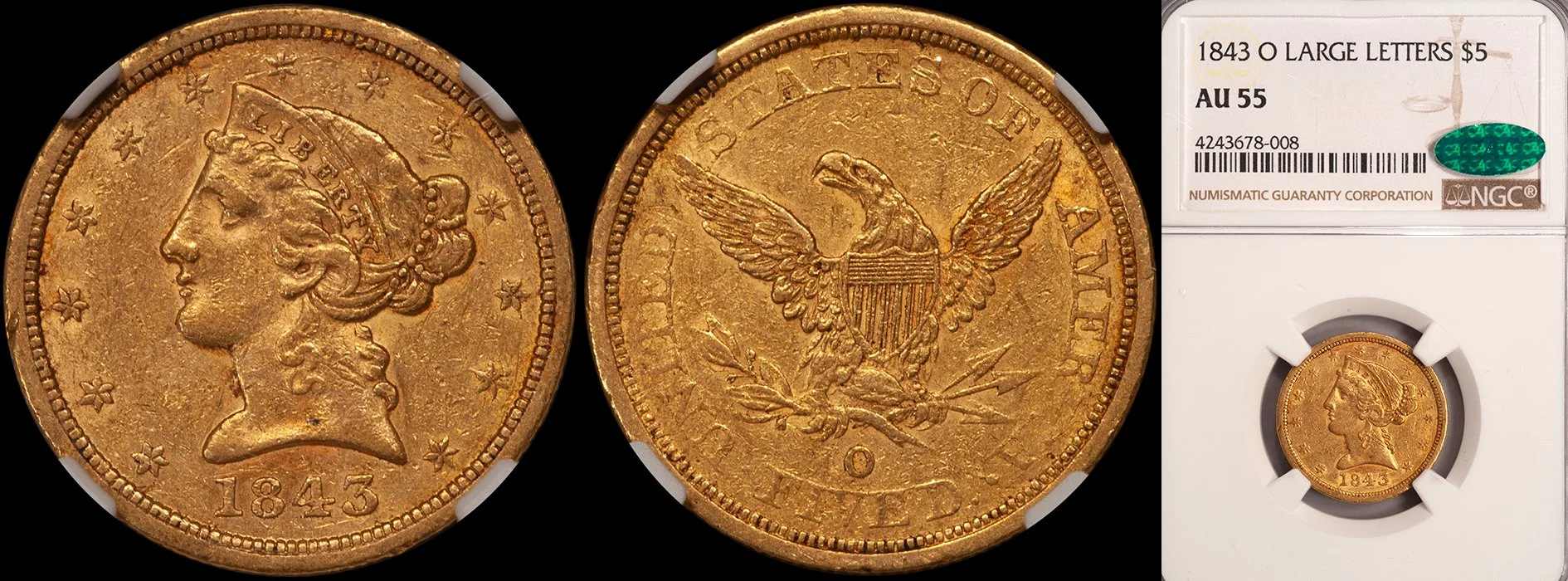 JUST ADDED - $5.00 - 1843-O Large Letters NGC AU55 CAC
