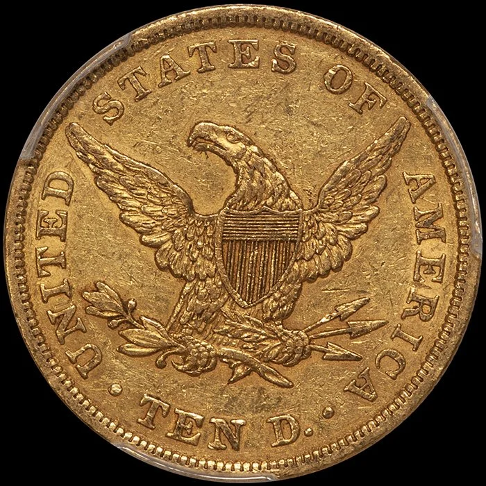 Eagle. 1839/8, Type of 1838 $10 gold coin. PCGS AU55. Fairmont.