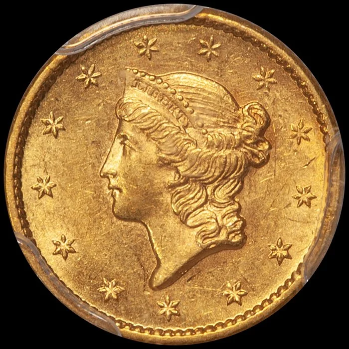 Gold Dollar. 1854-S San Francsico $1 gold coin. PCGS MS62 CAC.