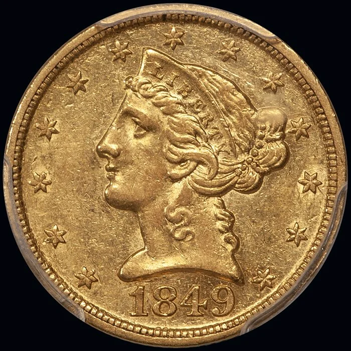 Half Eagle. 1849-D Dahlonega $5 gold coin. PCGS AU58.