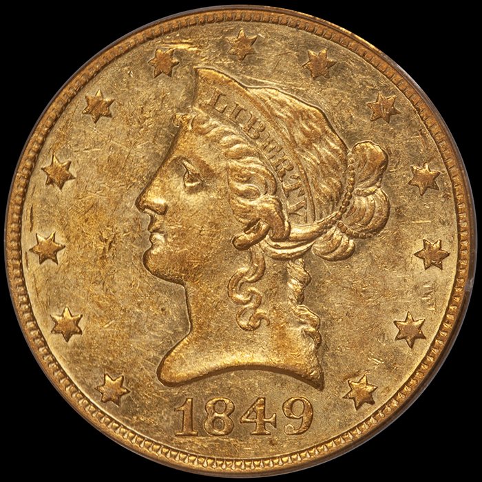 Eagle. 1849-O New Orleans $10 gold coin. PCGS AU58.
