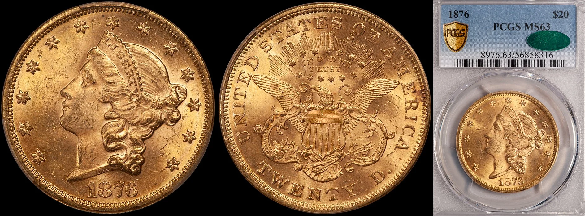 Double Eagle. 1876 $20 gold coin. PCGS MS62 CAC.