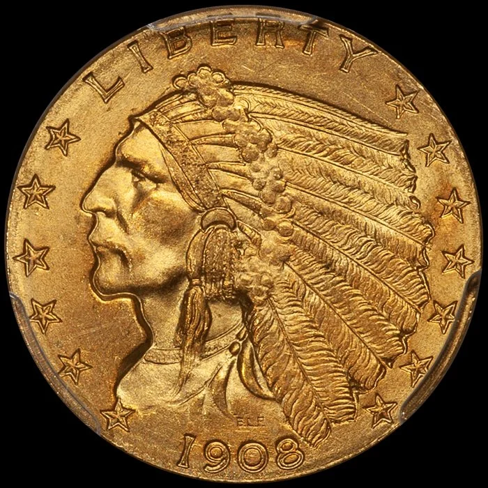 Quarter Eagle. 1908 $2.50 gold coin. PCGS MS66+ CAC.