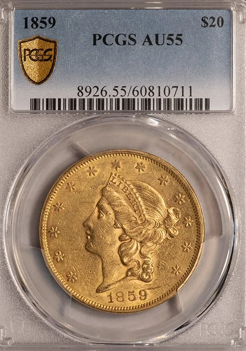 Double Eagle. 1859 $20 gold coin. PCGS AU55.