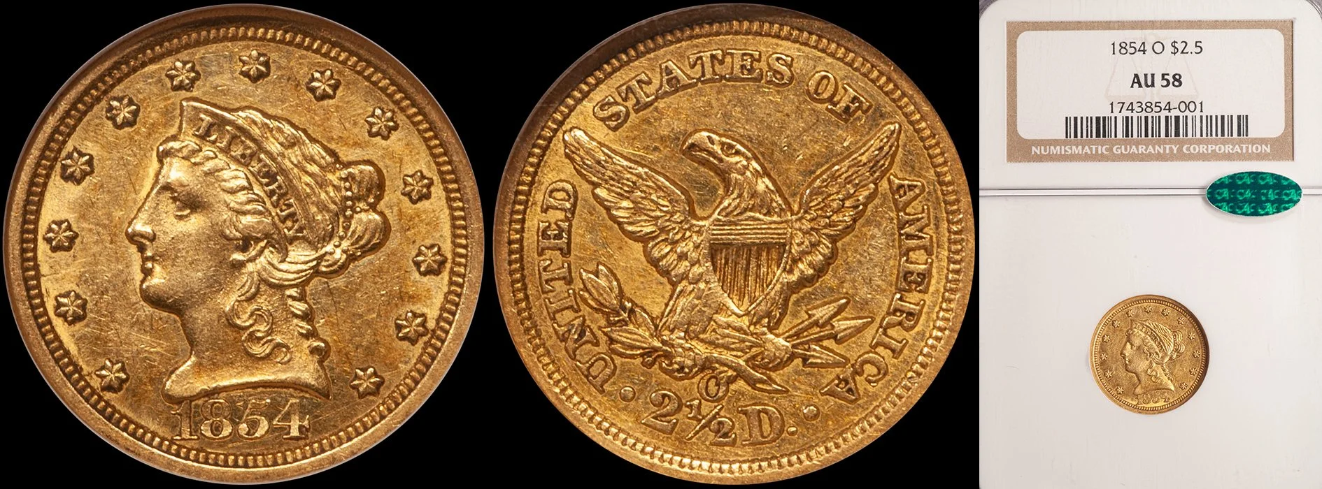 Quarter Eagle. 18-O New Orleans $2.50 gold coin. NGC AU58 CAC.