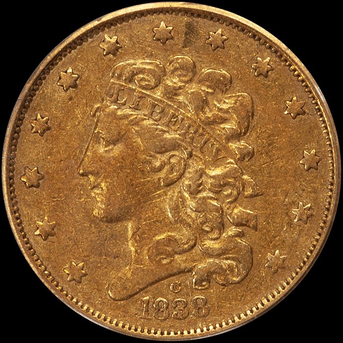 Half Eagle. 1838-C Charlotte $5.00 gold coin. PCGS VF30.