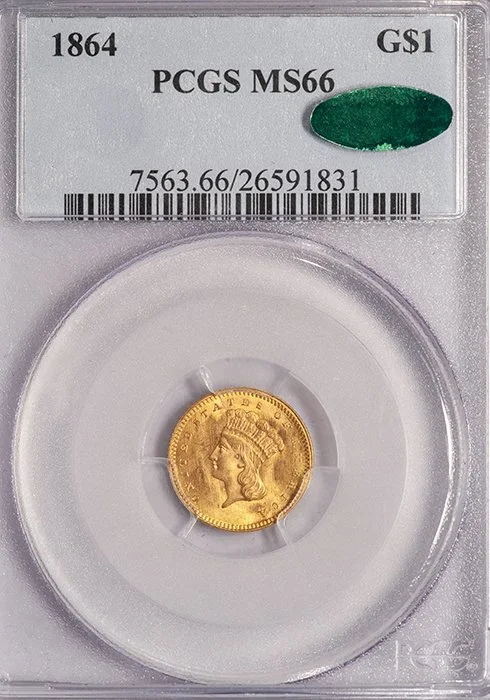 Gold Dollar. 1864 $1 gold coin. PCGS MS66 CAC.