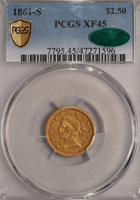 Quarter Eagle. 1861-S San Francisco $2.50 gold coin. PCGS EF45 CAC.