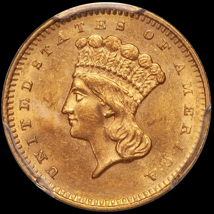 Gold Dollar. 1858-S San Francisco $1 gold coin. PCGS MS62 CAC.