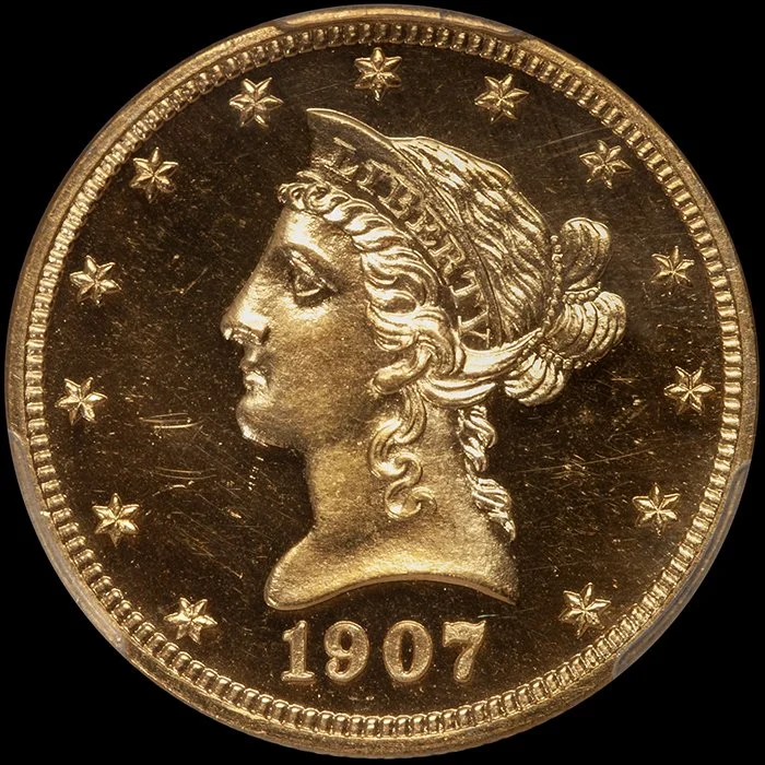 Eagle. 1907 Liberty $10 gold coin. PCGS PR64CAM CAC.