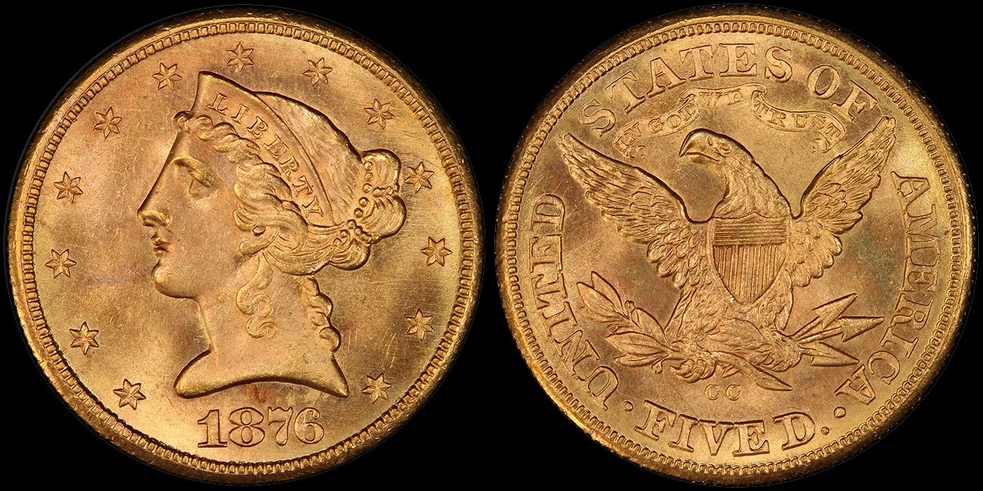 Half Eagle. 1876-CC Carson City $5 gold coin. PCGS MS66. Eliasberg. Photo from PCGS.