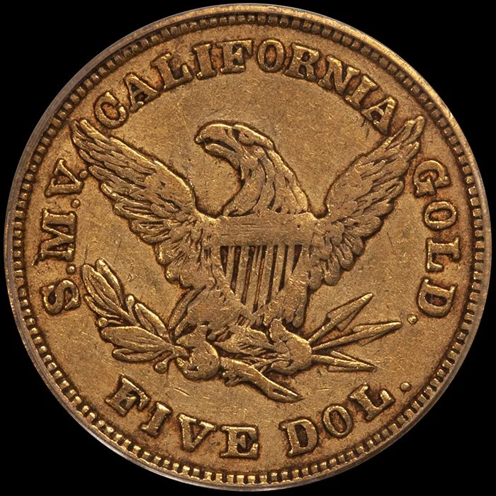 Half Eagle. 1850 Moffat $5 gold coin. PCGS EF45 CAC.