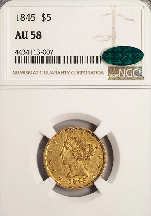 Half Eagle. 1845 $5 gold coin. NGC AU58 CAC.