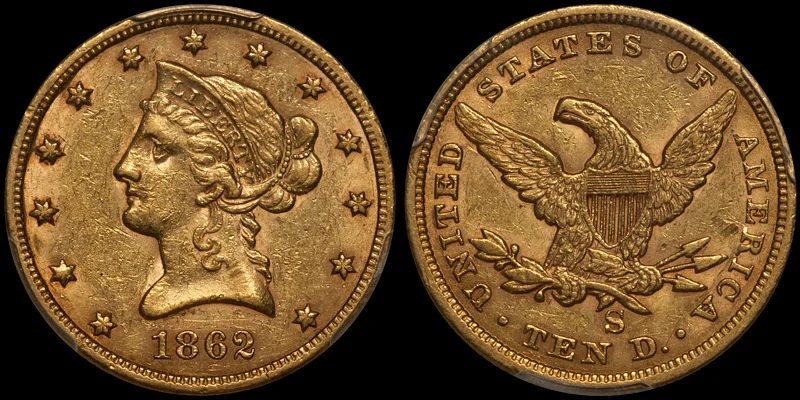 1862-S $10.00 PCGS AU55 CAC