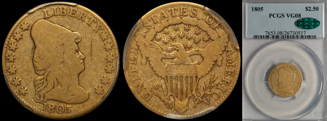 SOLD – $2.50 – 1805 PCGS VG08 CAC