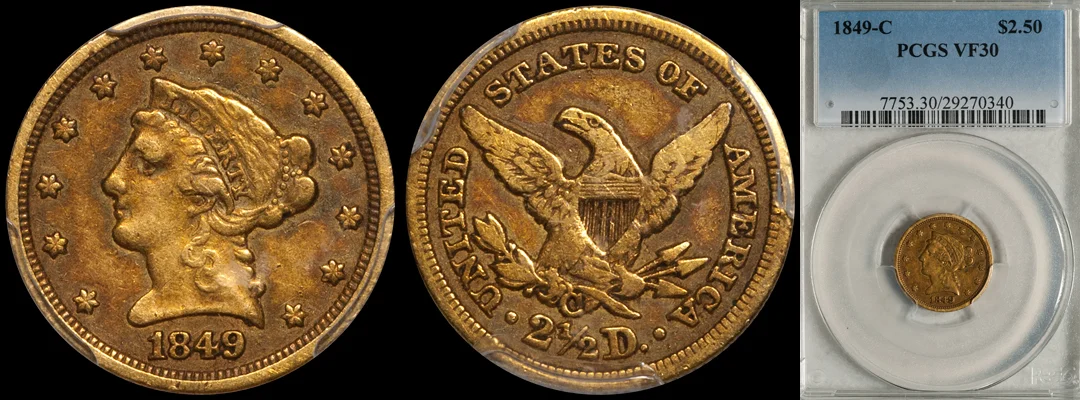 SOLD – $2.50 – 1849-C PCGS VF30