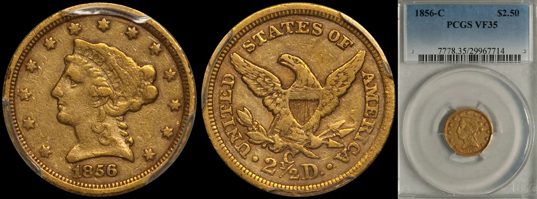 SOLD – $2.50 – 1856-C PCGS VF35