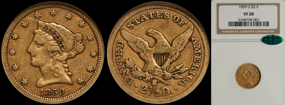 SOLD – $2.50 – 1859-S PCGS VF20 CAC
