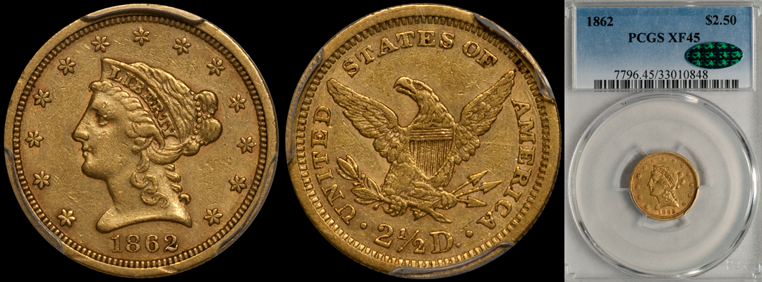 SOLD – $2.50 – 1862 PCGS EF45 CAC