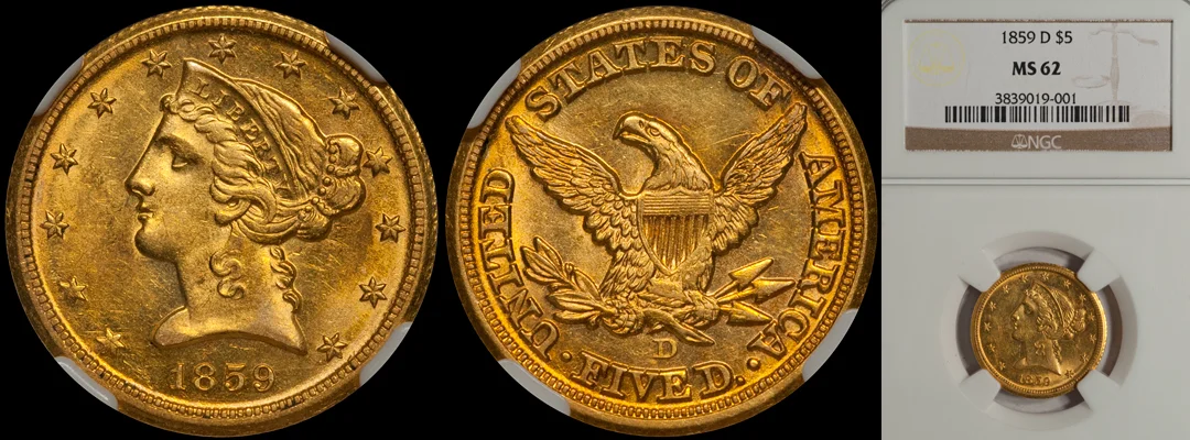 SOLD- $5.00 – 1859-C PCGS AU50