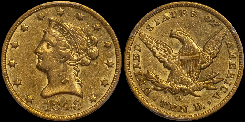 1848-O $10.00 PCGS AU55, note the weakly-detailed stars