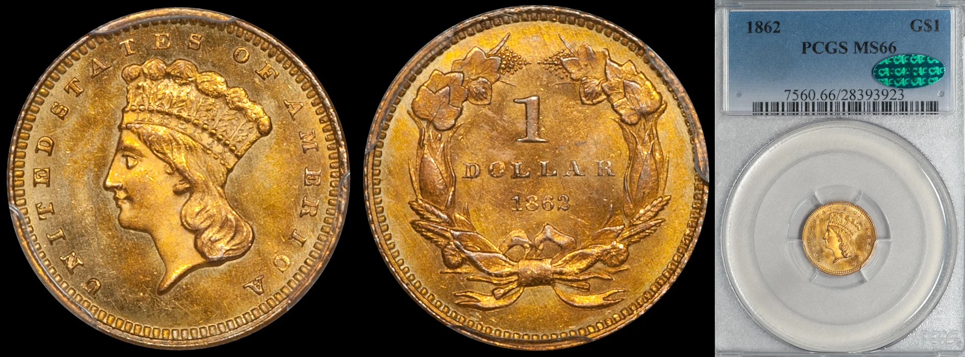 SOLD - $1.00 - 1862 PCGS MS66 CAC