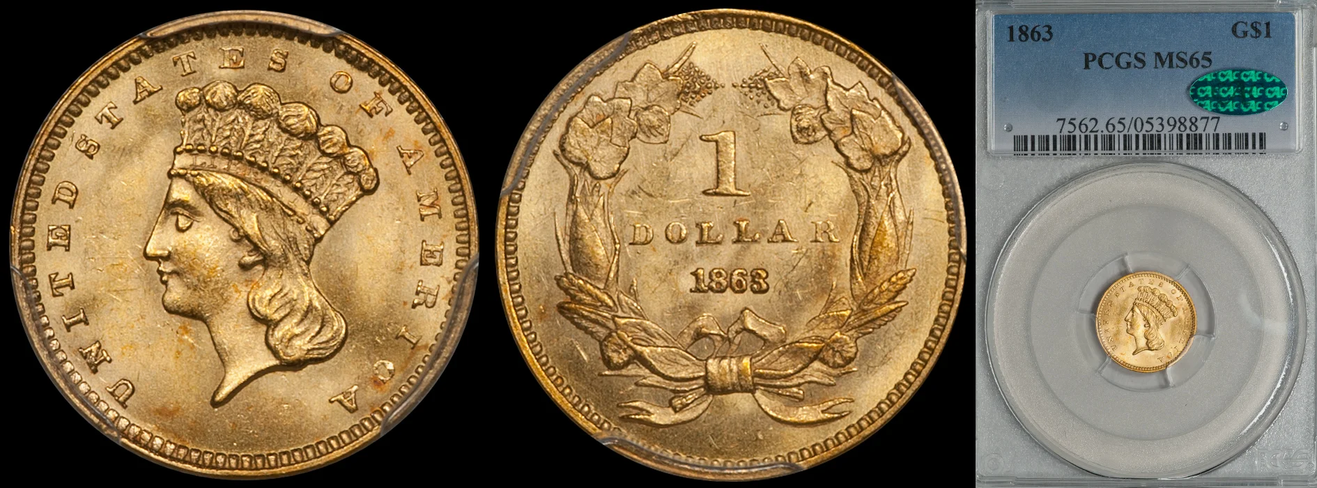 SOLD - $1.00 - 1863 PCGS MS65 CAC