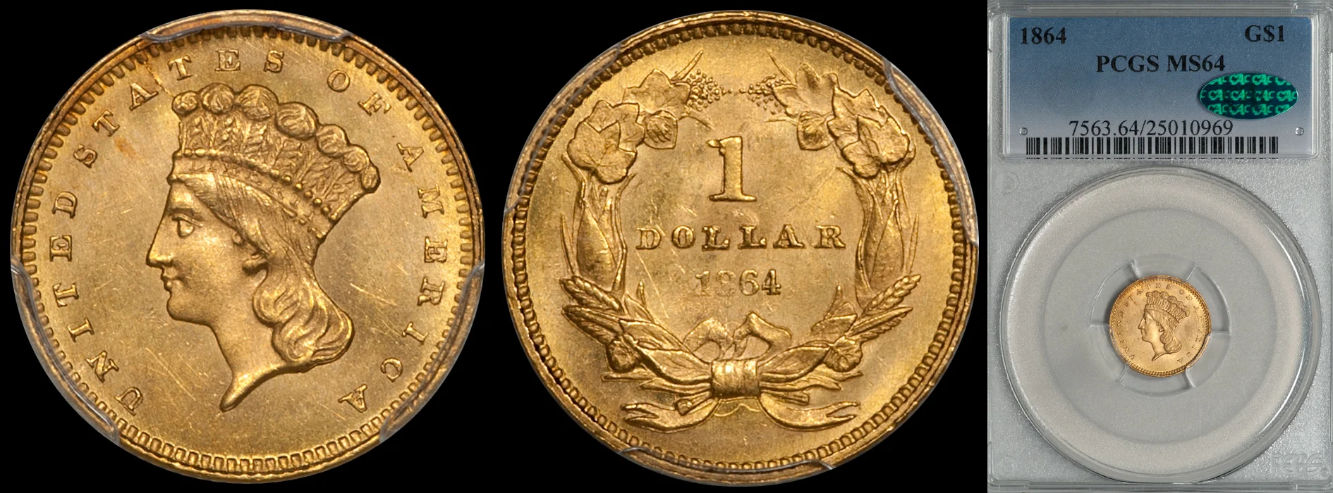 SOLD - $1.00 - 1864 PCGS MS64 CAC