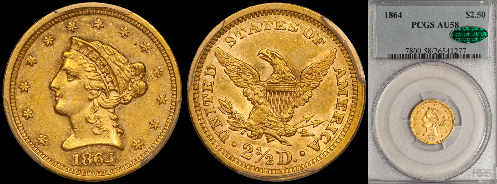 SOLD - $2.50 - 1864 PCGS AU58 CAC