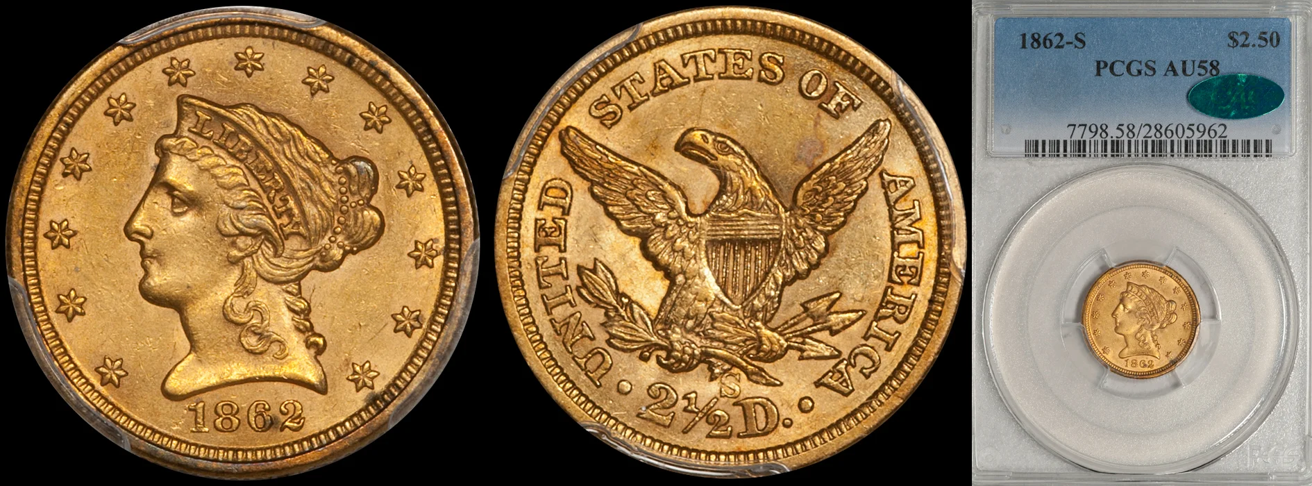 SOLD - $2.50 - 1862-S PCGS AU58 CAC