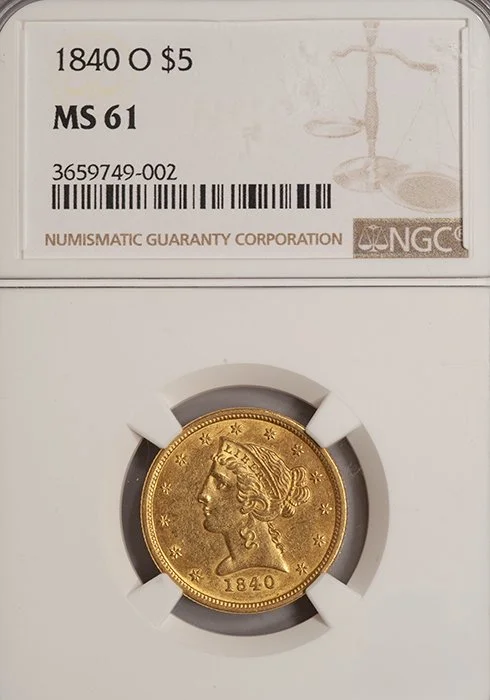 Half Eagle. 1840-O New Orleans $5 gold coin. NGC MS61.