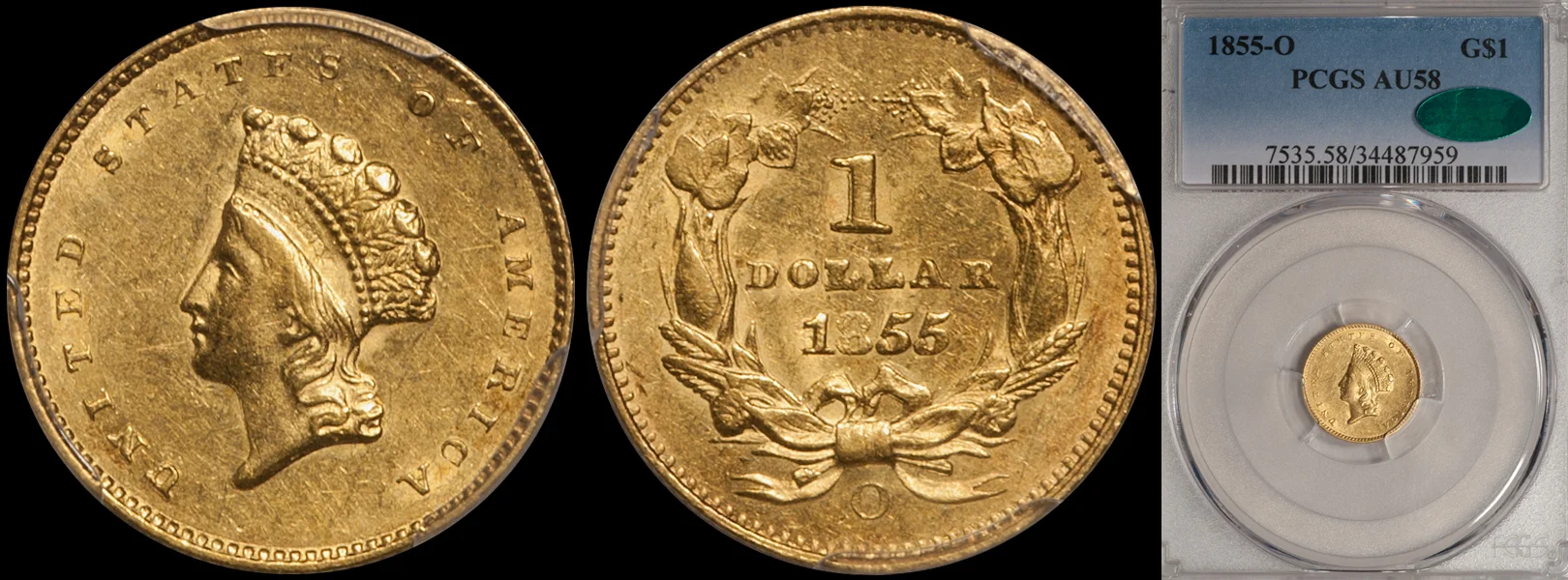 SOLD - $1.00 - 1855-O PCGS AU58 CAC