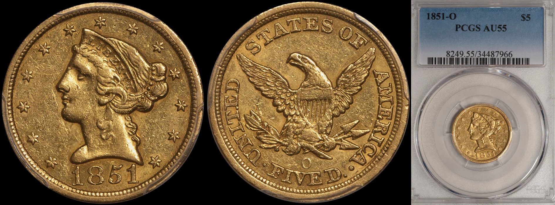 Half Eagle. 1851-O New Orleans $5 gold coin. PCGS AU55.
