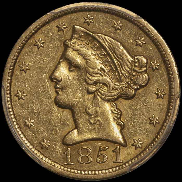 Half Eagle. 1851-O New Orleans $5 gold coin. PCGS AU55.