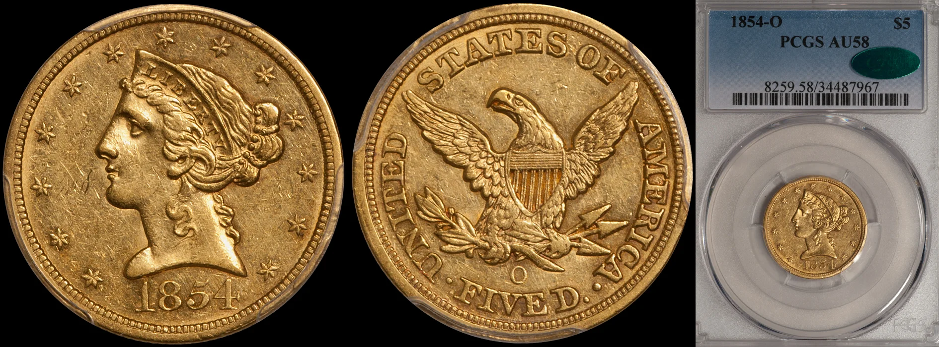SOLD - $5.00 - 1854-O PCGS AU58 CAC