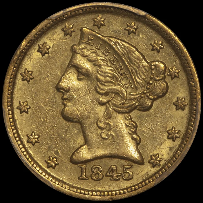 Half Eagle. 1845-D Dahlonega $5 gold coin. PCGS AU58 CAC.