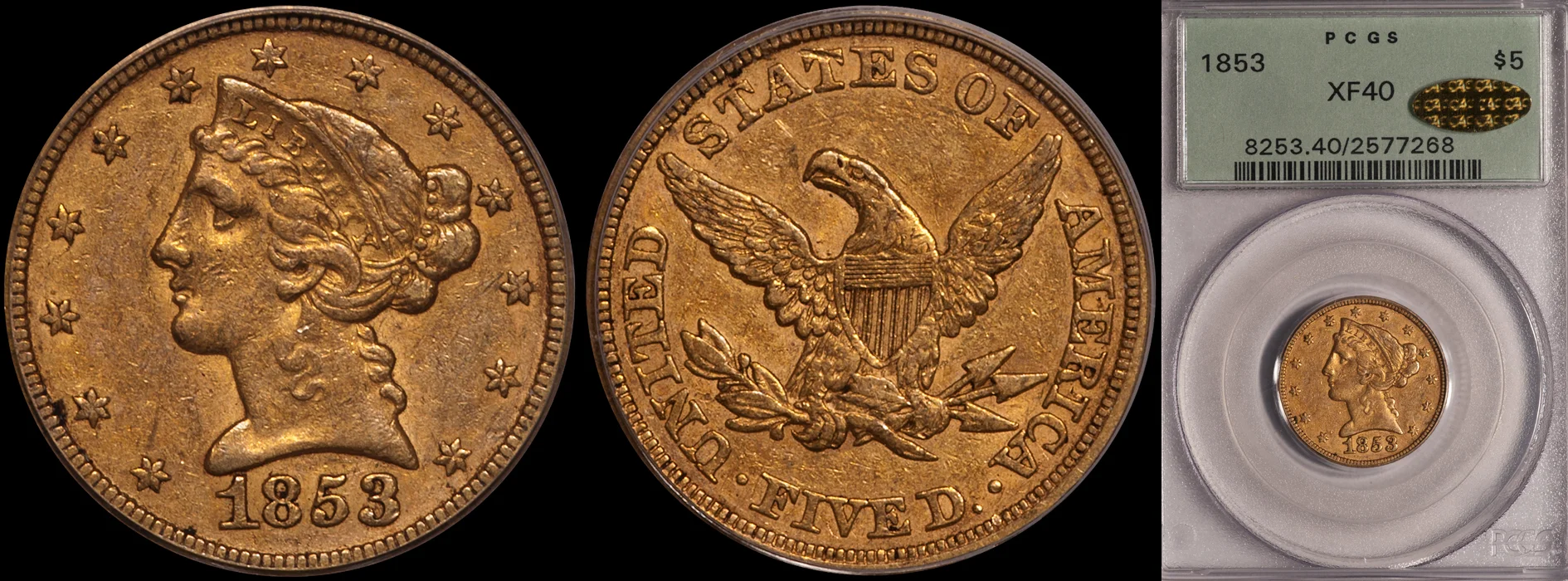 Half Eagles. 1853 $5.00 gold coin. PCGS EF40. CAC Gold Sticker.