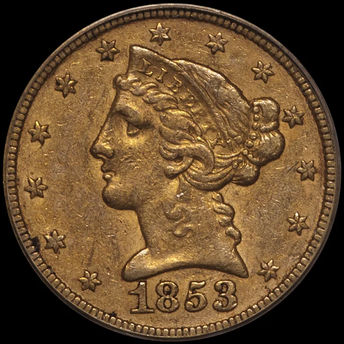 Half Eagles. 1853 $5.00 gold coin. PCGS EF40. CAC Gold Sticker.