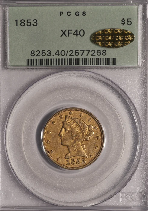 Half Eagles. 1853 $5.00 gold coin. PCGS EF40. CAC Gold Sticker.