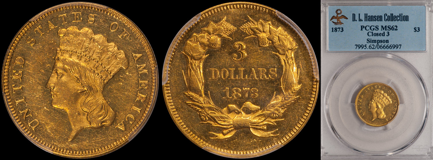 1873 Closed 3 $3.00 PCGS MS62