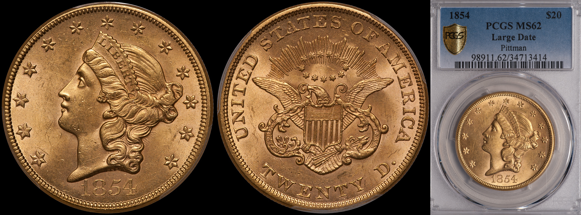 1854 Large Date $20.00 PCGS MS62