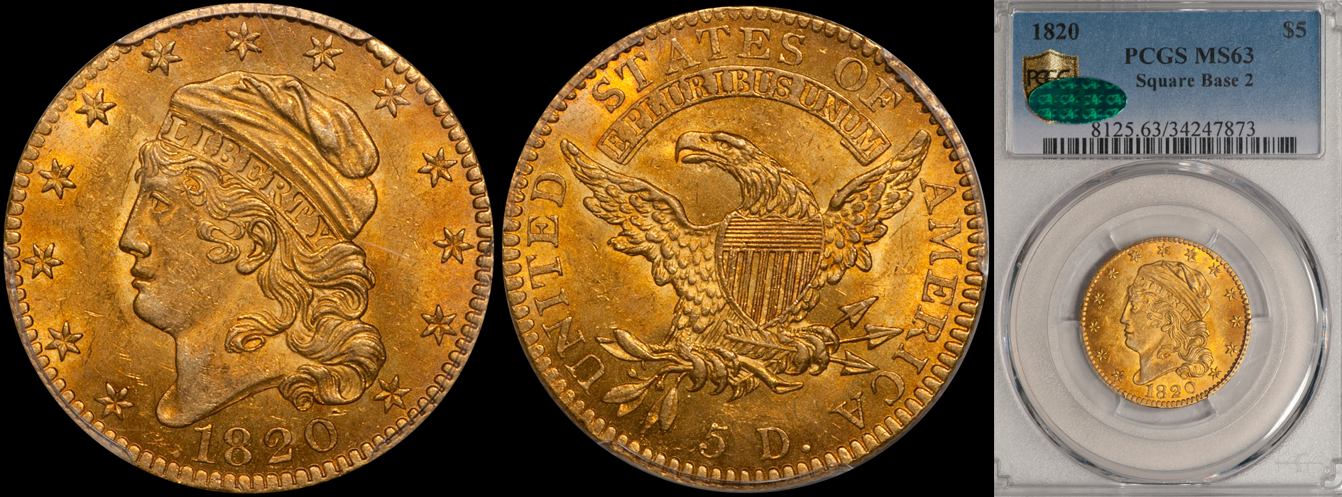 1820 Square Base 2 $5.00 PCGS MS63 CAC