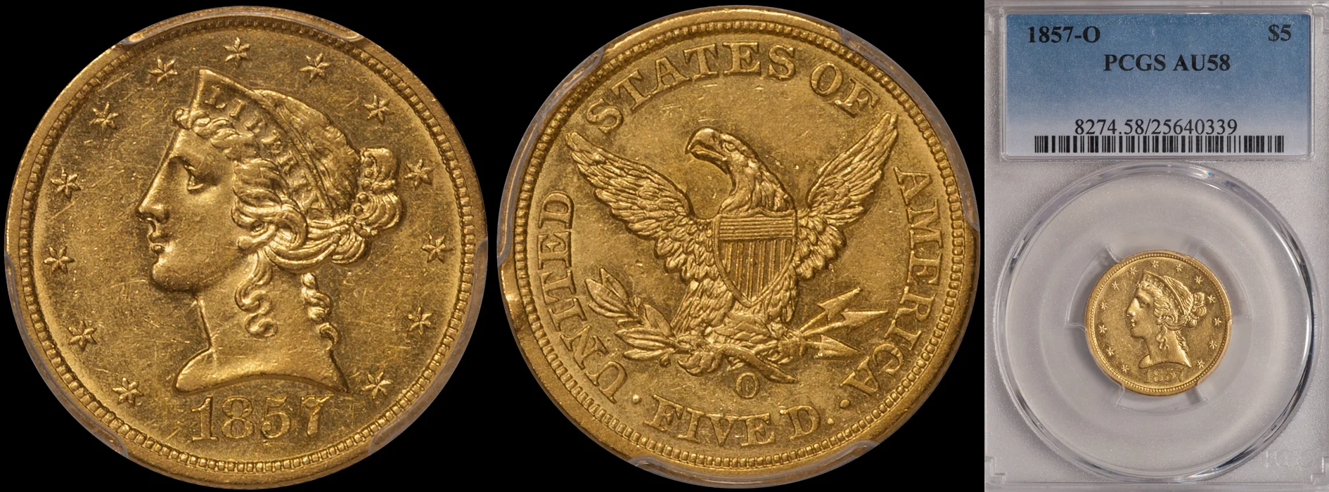 SOLD - $5.00 - 1857-O PCGS AU58