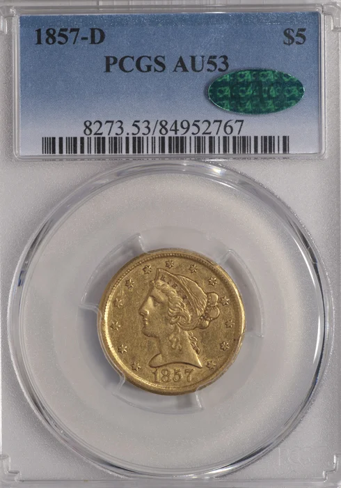 Half Eagle. 1857-D Dahlonega $5 gold coin. PCGS AU53 CAC.