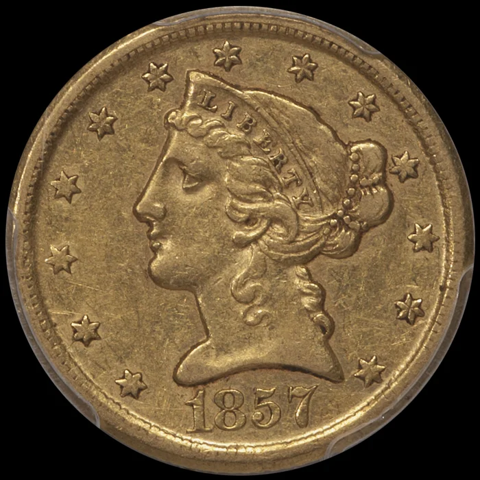 Half Eagle. 1857-D Dahlonega $5 gold coin. PCGS AU53 CAC.