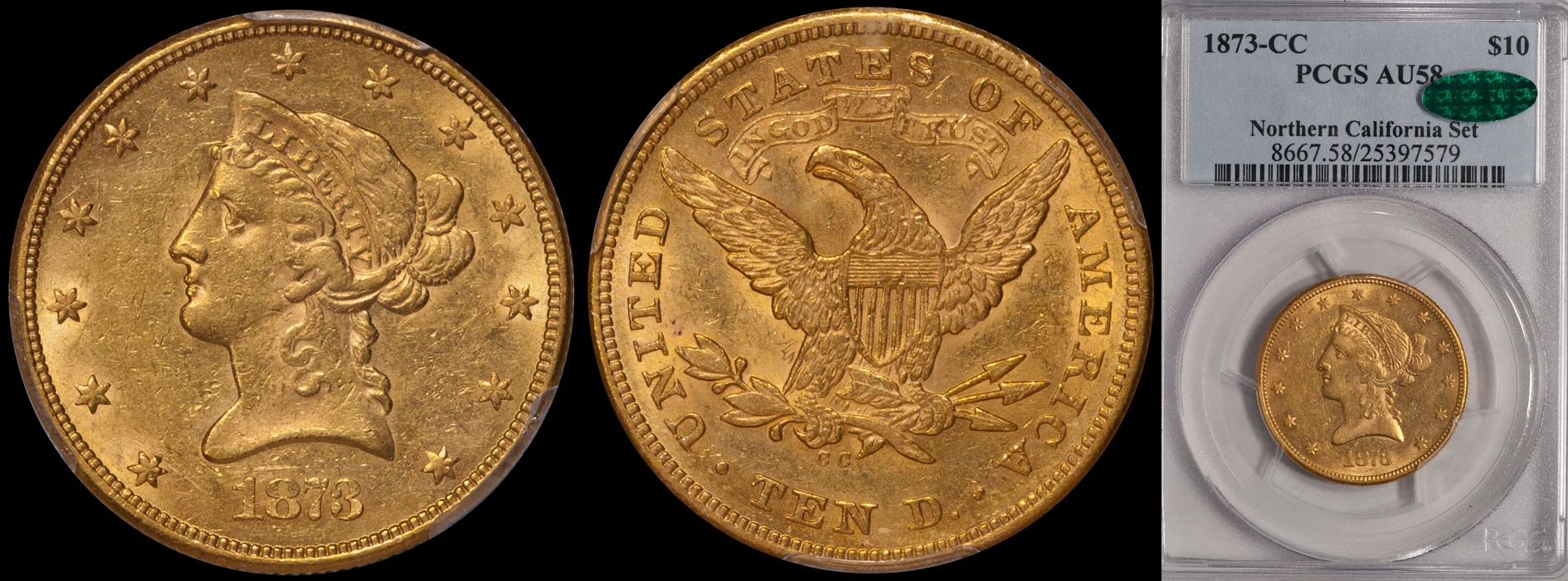 SOLD - $10.00 - 1873-CC PCGS AU58 CAC